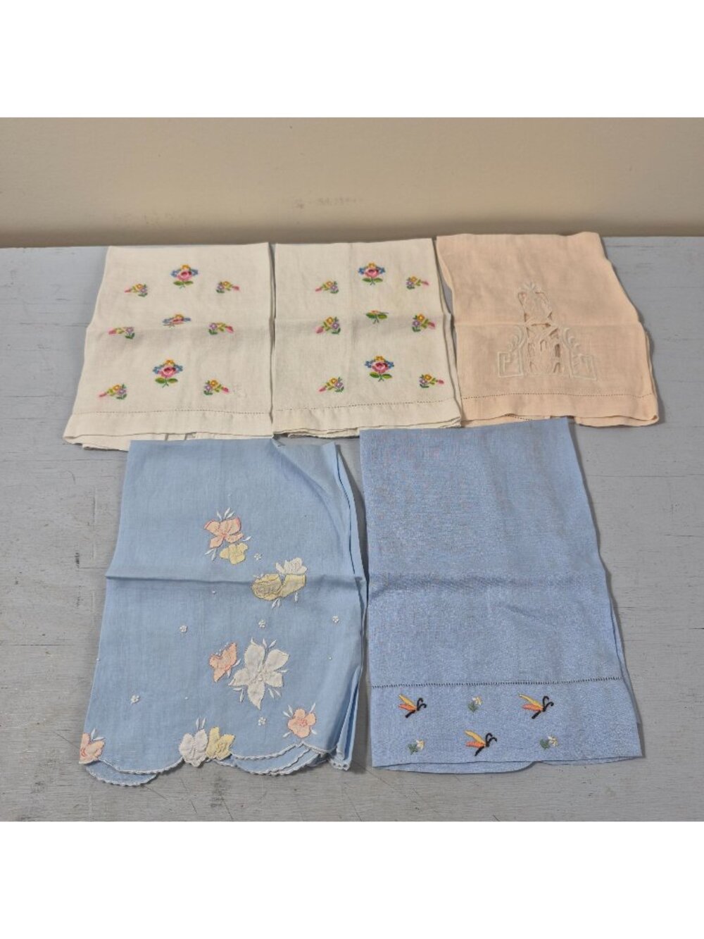 Vintage Embroidered Linen Guest Hand Towels Lot of 5 Floral Cut Work Butterfly